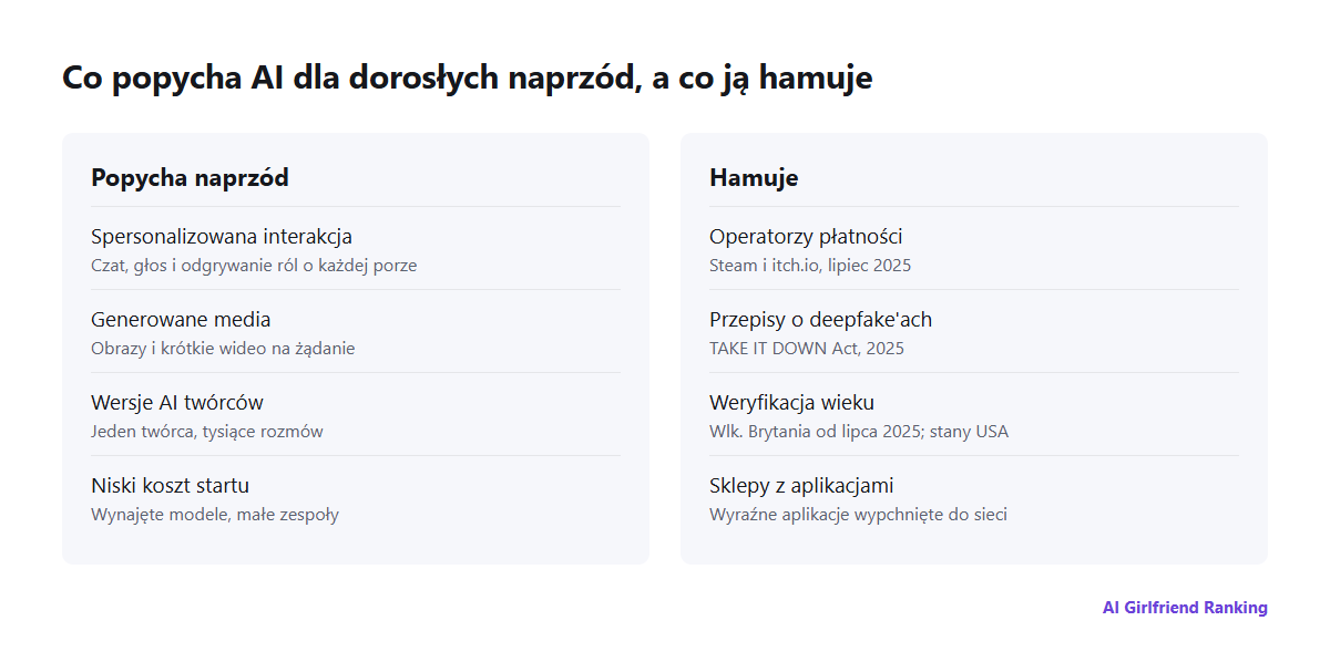Siły kształtujące AI w branży dla dorosłych: personalizacja, generowane media i klony AI popychają ją naprzód; operatorzy płatności, przepisy o deepfake'ach, weryfikacja wieku i sklepy z aplikacjami ją hamują