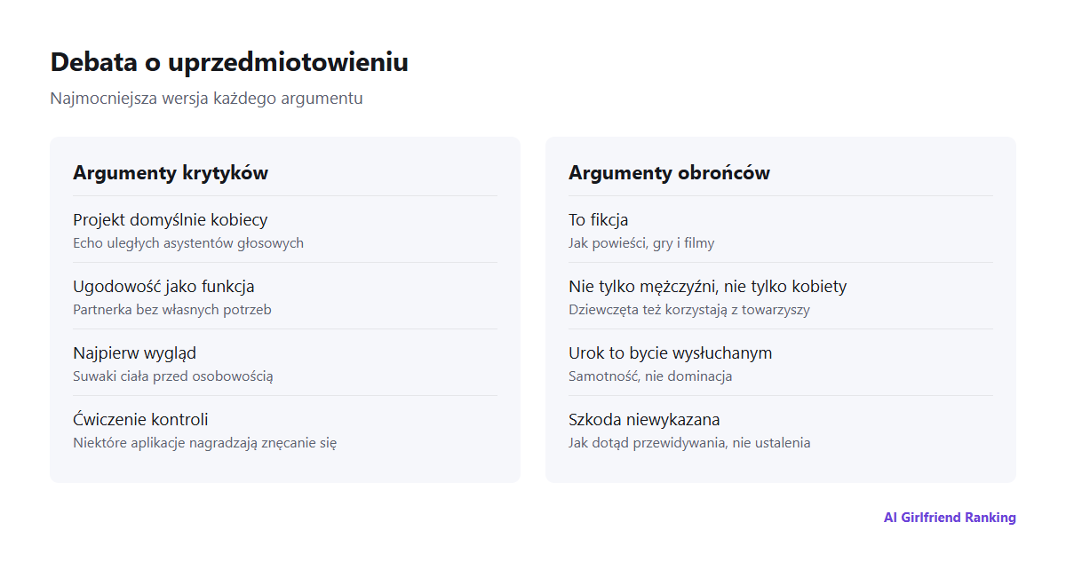 Dwie kolumny podsumowujące najmocniejsze argumenty po każdej stronie debaty o uprzedmiotowieniu dziewczyn AI