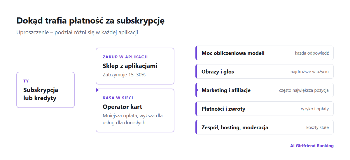 Schemat przepływu pieniędzy w aplikacji z towarzyszem AI: użytkownik płaci przez sklep z aplikacjami lub kasę w sieci, sklep bierze prowizję, a firma płaci za moc obliczeniową modeli, generowanie obrazów i głosu, obsługę płatności, prowizje afiliacyjne i pracowników