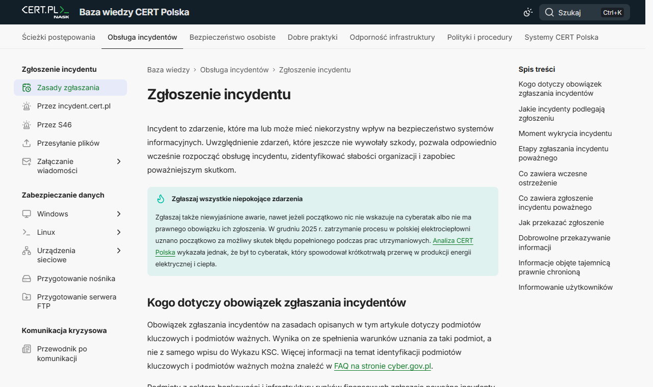 Strona CERT Polska, na której można zgłosić incydent