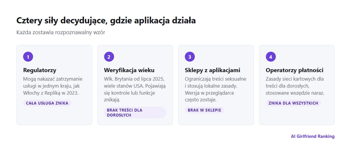 Cztery siły ograniczające aplikacje z towarzyszem AI w zależności od kraju: regulatorzy, przepisy o weryfikacji wieku, sklepy z aplikacjami i operatorzy płatności