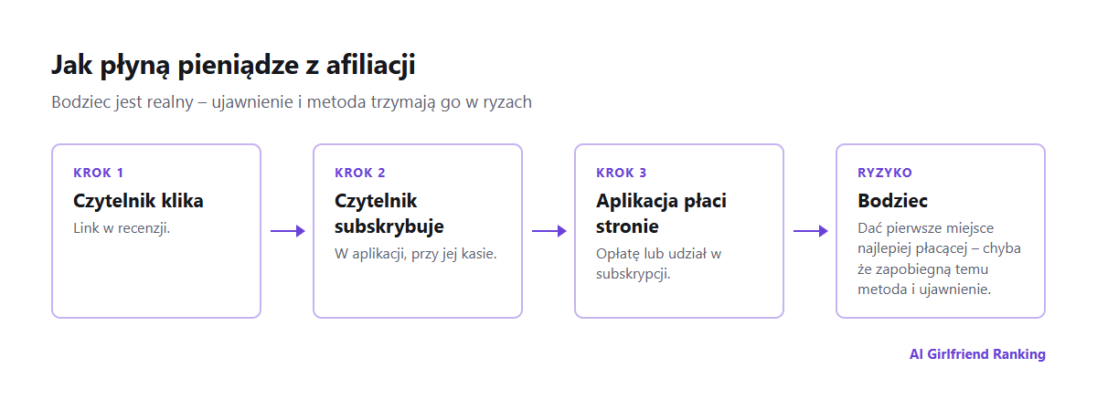 Jak pieniądze z afiliacji płyną od subskrypcji czytelnika przez aplikację do strony z recenzjami i gdzie pojawia się bodziec do wypaczenia recenzji
