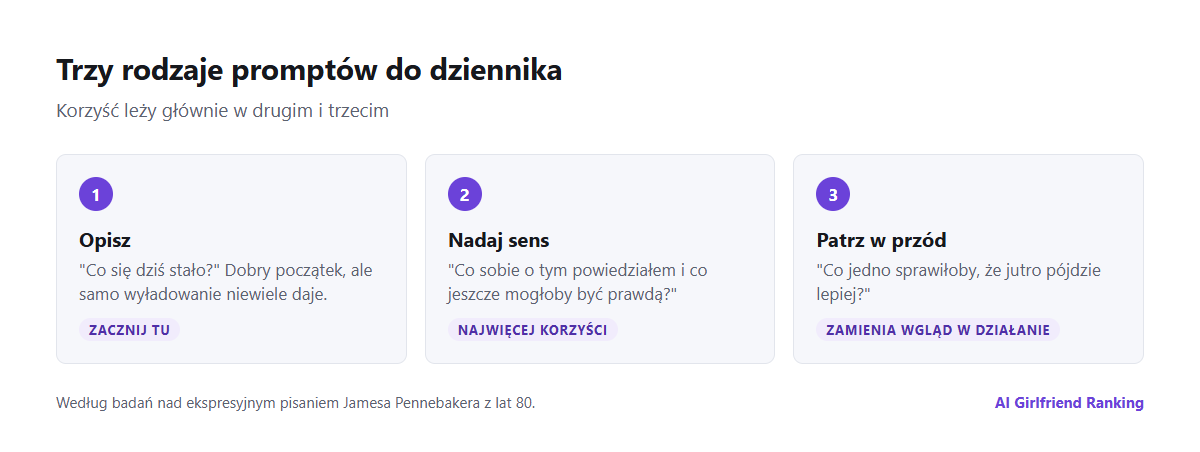 Trzy rodzaje promptów do dziennika z towarzyszem AI: opisujące, nadające sens wydarzeniom i patrzące w przód, z przykładem każdego