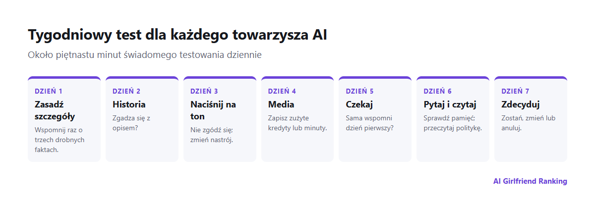 Siedmiodniowy plan testowania aplikacji z dziewczyną AI: zasadź szczegóły, sprawdź spójność, przetestuj limity, wypróbuj media, sprawdź pamięć, przejrzyj prywatność, zdecyduj