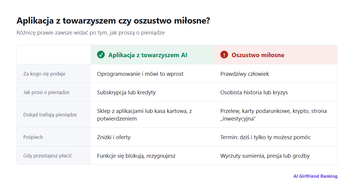 Porównanie legalnej aplikacji z towarzyszem AI i oszustwa miłosnego w pięciu punktach: za kogo się podaje, jak pobiera pieniądze, dokąd trafiają pieniądze, pośpiech i co się dzieje, gdy przestajesz płacić