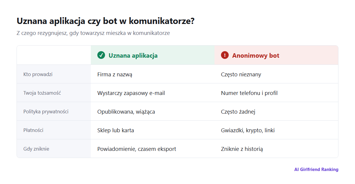 Porównanie uznanej aplikacji z towarzyszem i anonimowego bota w komunikatorze pod względem operatora, polityki prywatności, usuwania danych, płatności, zasad treści i ciągłości