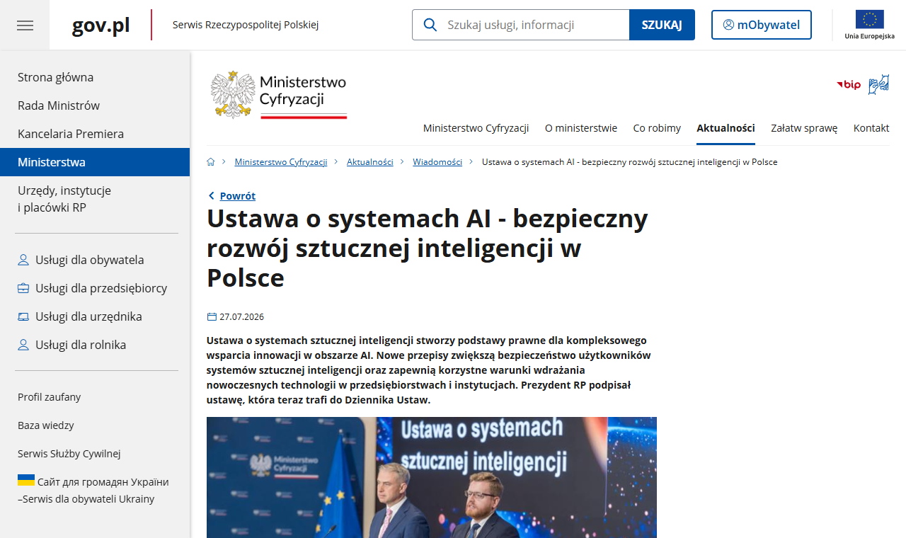 Strona Ministerstwa Cyfryzacji o ustawie o systemach sztucznej inteligencji